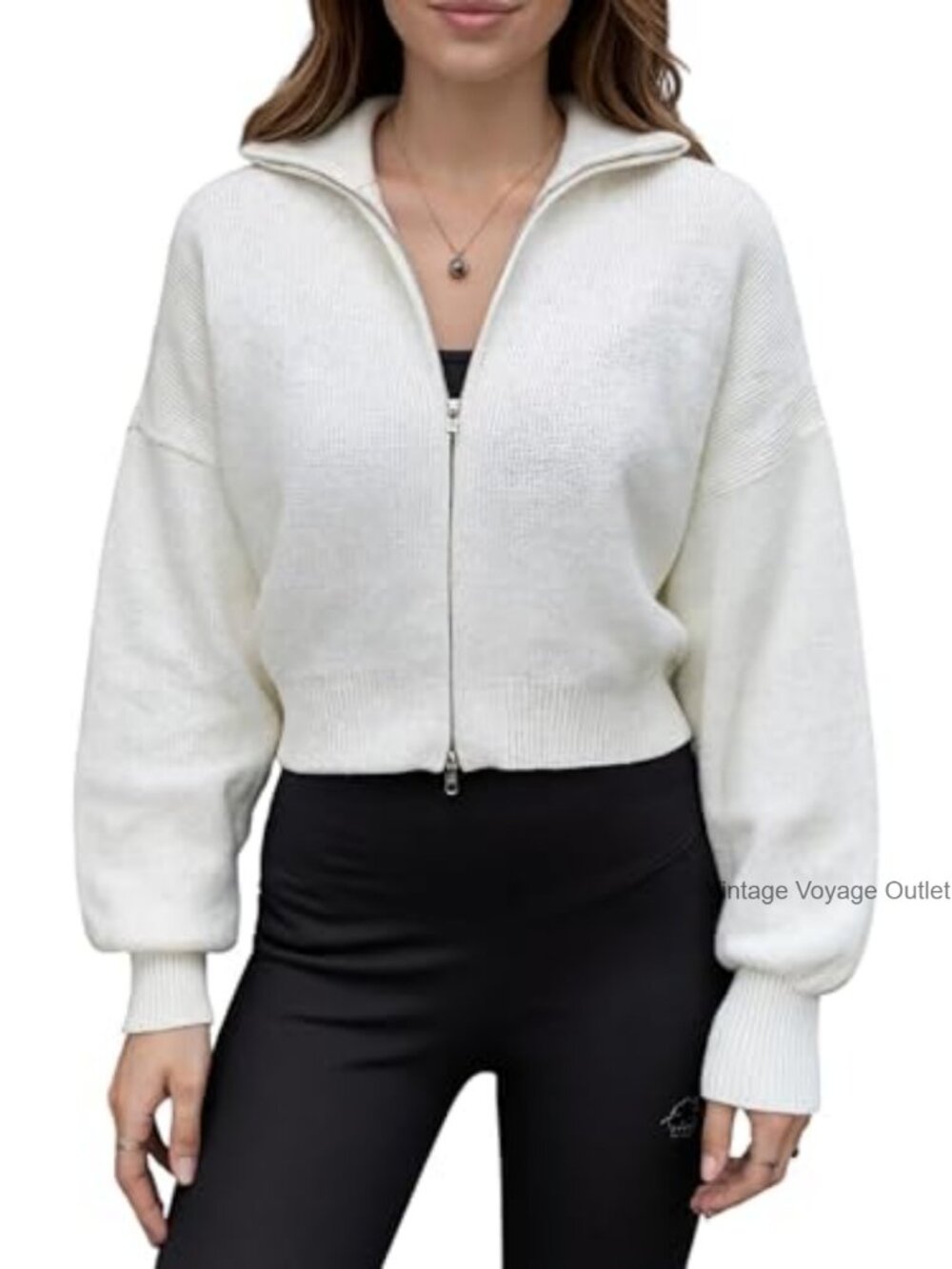 Cropped Retro Cardigan with Double Zipper, Knit Zip Up Hoodie for Women